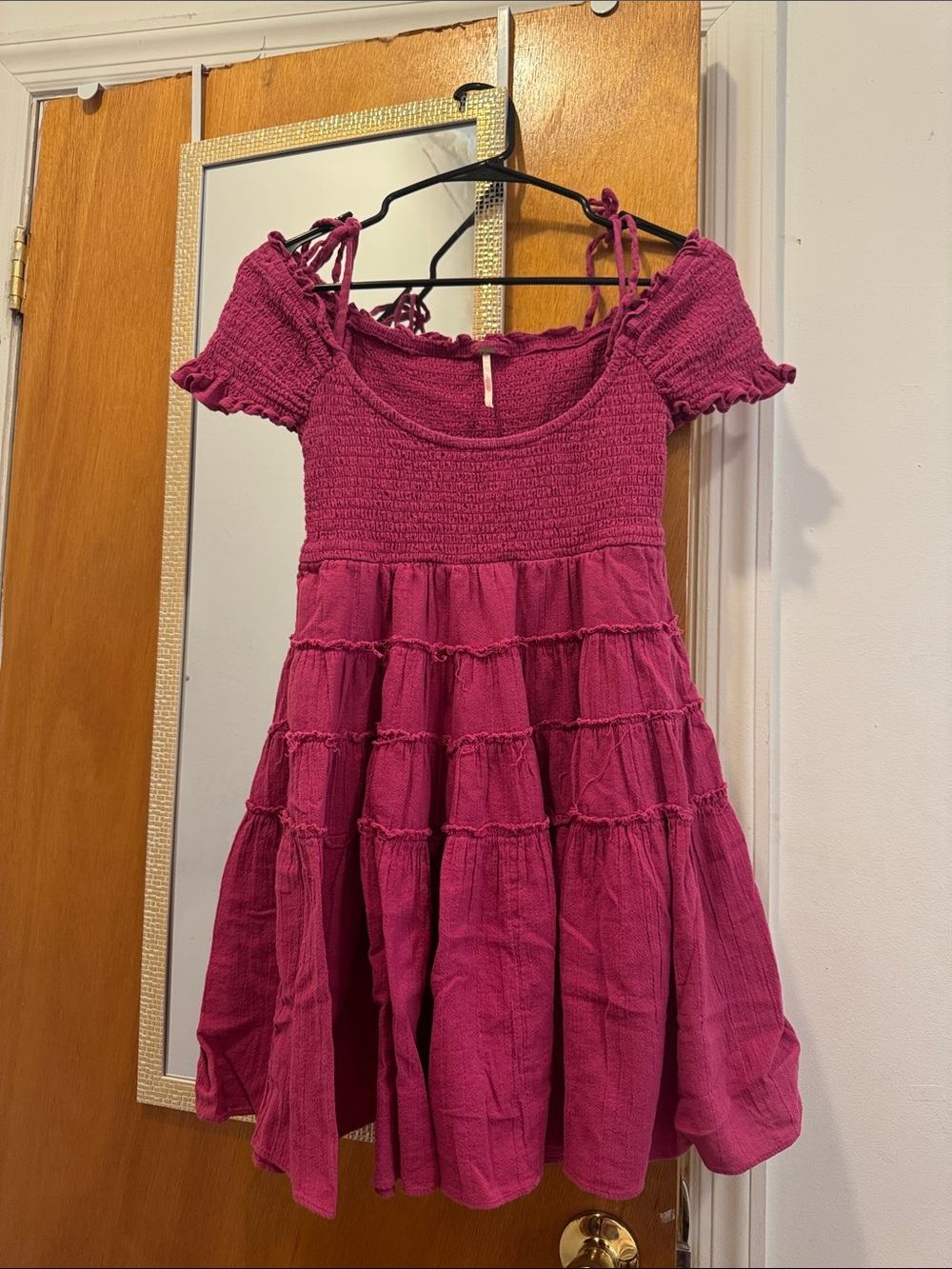 Free People Fuchsia Tiered Smocked Dress with Tie Straps